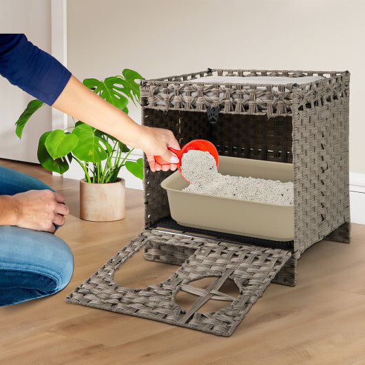 Foldable 2-tier Rattan Cat Litter Box Enclosure with Litter Mat-Grey