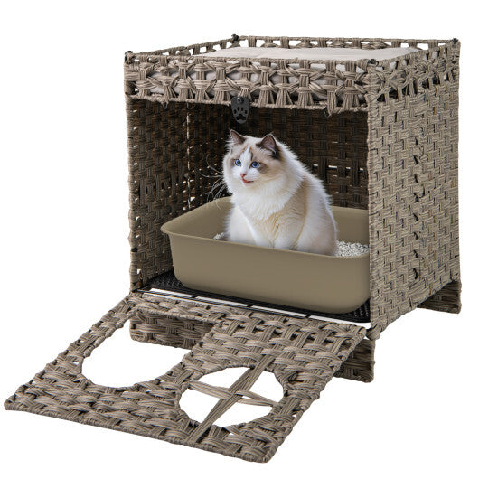 Foldable 2-tier Rattan Cat Litter Box Enclosure with Litter Mat-Grey