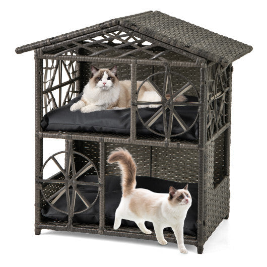 2-storey Wicker Cat House Rattan Kitten Condo Enclosure with Removable Cushions-Gray