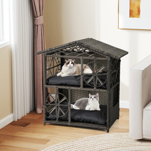 2-storey Wicker Cat House Rattan Kitten Condo Enclosure with Removable Cushions-Gray W2B