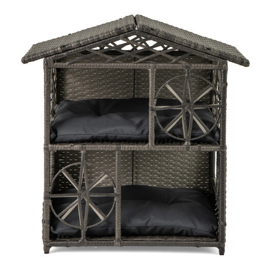 2-storey Wicker Cat House Rattan Kitten Condo Enclosure with Removable Cushions-Gray W2B