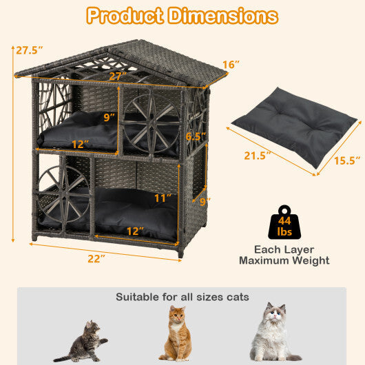 2-storey Wicker Cat House Rattan Kitten Condo Enclosure with Removable Cushions-Gray W2B