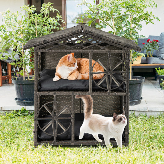 2-storey Wicker Cat House Rattan Kitten Condo Enclosure with Removable Cushions-Gray W2B
