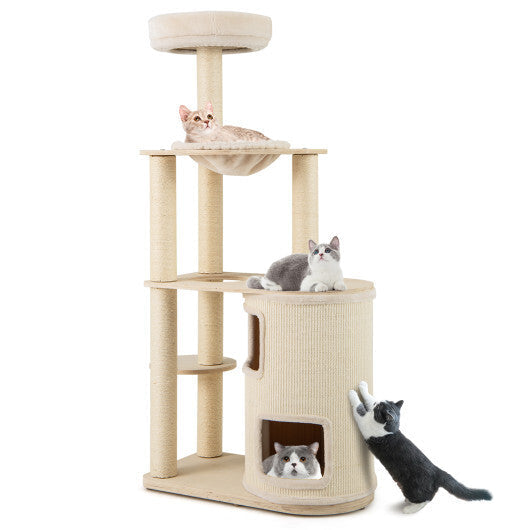 60 Inches Tall Cat Tree with 2-Story Condo and Sisal Scratching Posts-Natural W2B