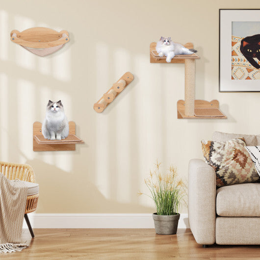 Cat Wall Furniture Set of 4 with Hammock 2-step Cat Tree and Perch-Natural W2B