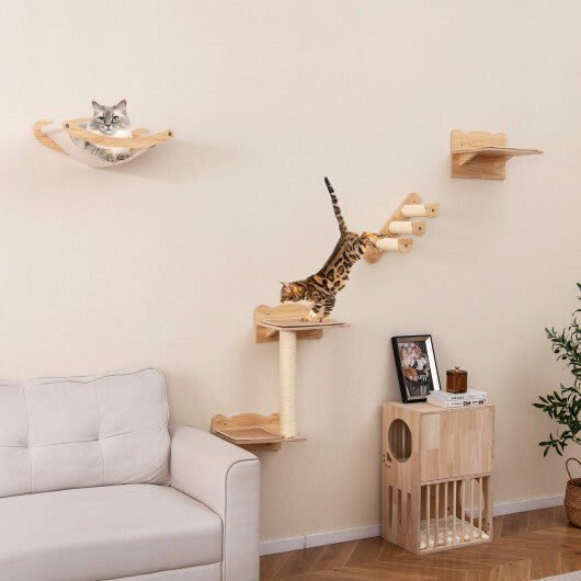 Cat Wall Furniture Set of 4 with Hammock 2-step Cat Tree and Perch-Natural W2B