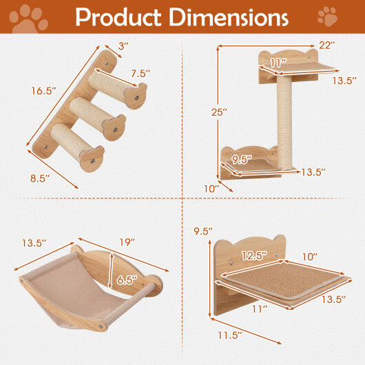 Cat Wall Furniture Set of 4 with Hammock 2-step Cat Tree and Perch-Natural W2B