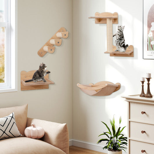 Cat Wall Furniture Set of 4 with Hammock 2-step Cat Tree and Perch-Natural W2B