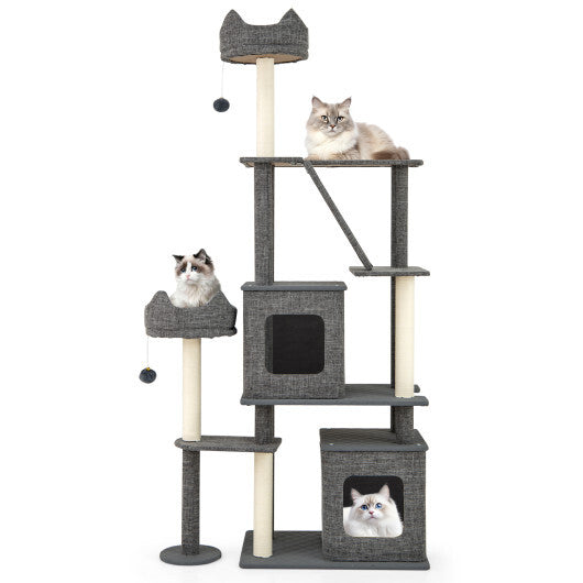 71 Inch Tall Cat Tree Multi-Level Large Cat Tower with Scratching Posts-Grey