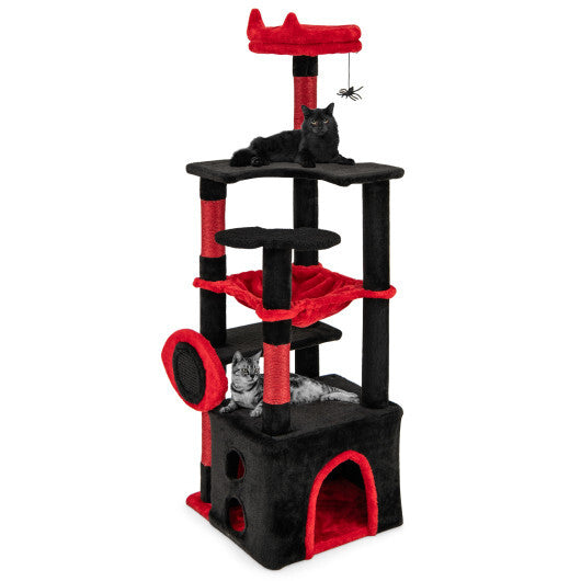 Gothic Cat Tree with Plush Perch and Spider Dangling Toy-Black & Red W2B