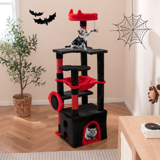 Gothic Cat Tree with Plush Perch and Spider Dangling Toy-Black & Red W2B