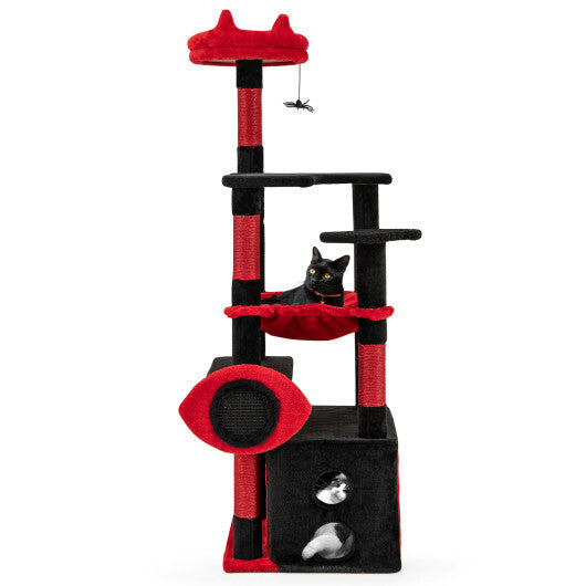 Gothic Cat Tree with Plush Perch and Spider Dangling Toy-Black & Red W2B