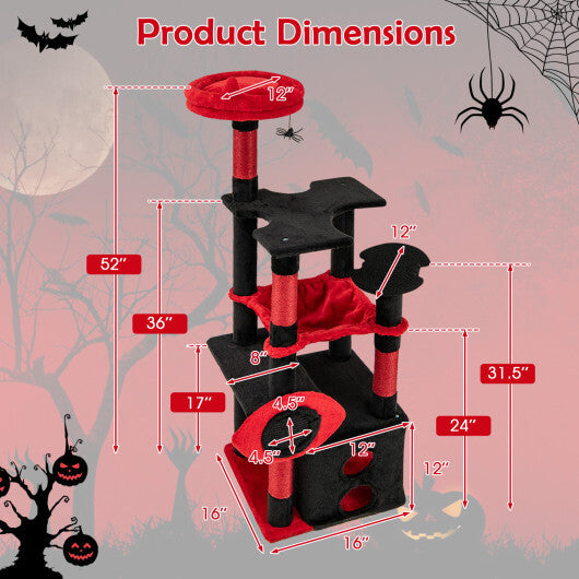Gothic Cat Tree with Plush Perch and Spider Dangling Toy-Black & Red W2B