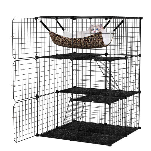 Indoor Cat Cage 3-Tier Cat Enclosure Detachable Metal Wire Kennel-Black W2B