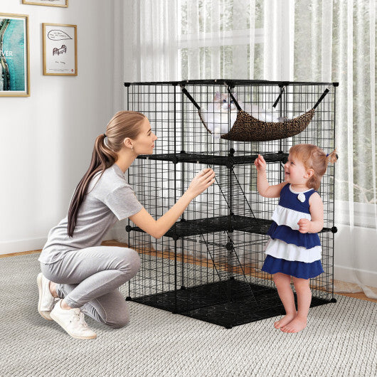 Indoor Cat Cage 3-Tier Cat Enclosure Detachable Metal Wire Kennel-Black W2B