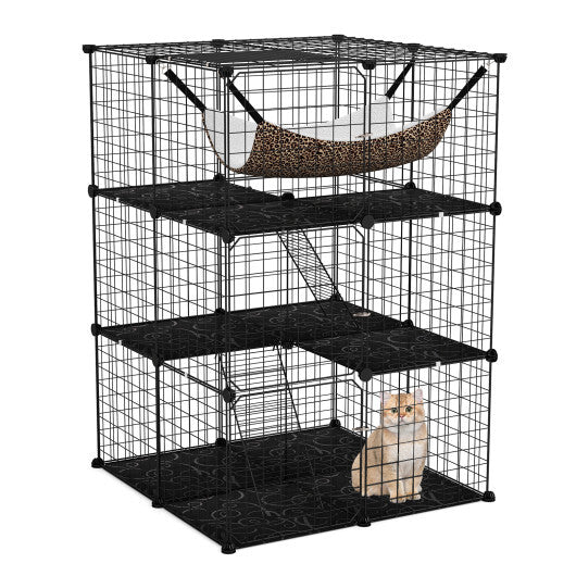 Indoor Cat Cage 3-Tier Cat Enclosure Detachable Metal Wire Kennel-Black W2B