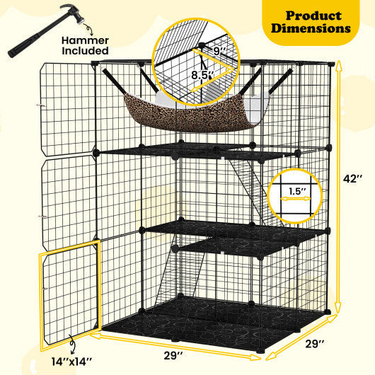 Indoor Cat Cage 3-Tier Cat Enclosure Detachable Metal Wire Kennel-Black W2B