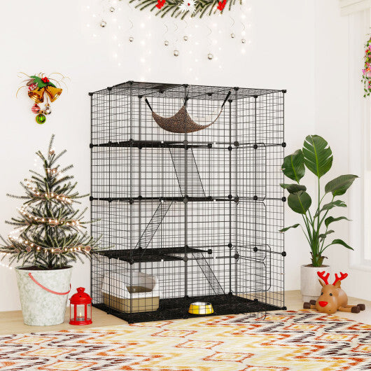 Large 4-Tier Cat Cage with Skylight and Hammock for 1-4 Cats-Black W2B