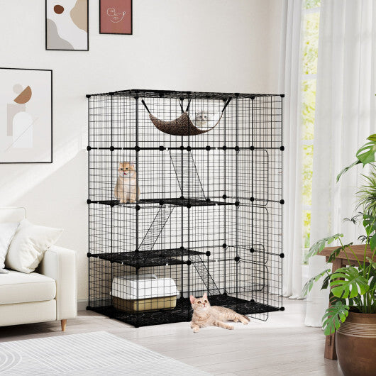 Large 4-Tier Cat Cage with Skylight and Hammock for 1-4 Cats-Black W2B