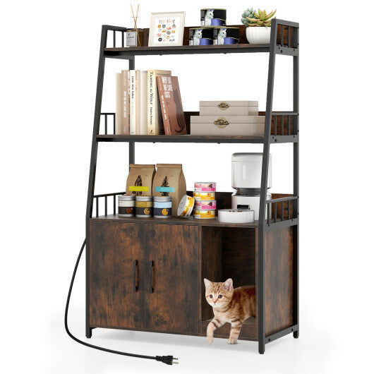 Cat Litter Box Enclosure with Storage Shelves and Scratching Pad-Rustic Brown W2B