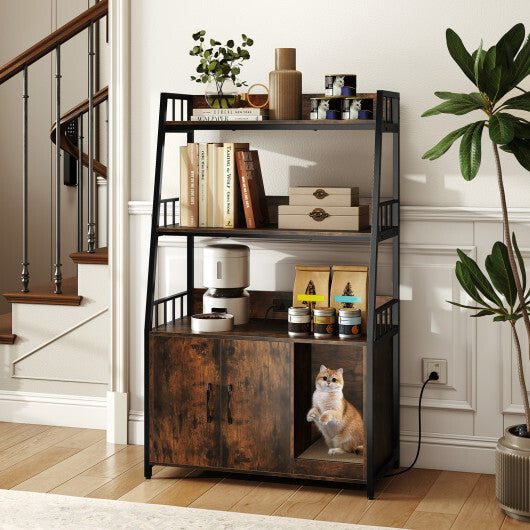 Cat Litter Box Enclosure with Storage Shelves and Scratching Pad-Rustic Brown W2B