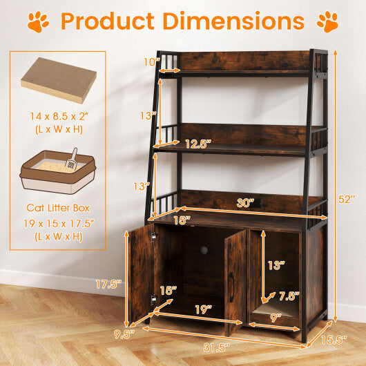 Cat Litter Box Enclosure with Storage Shelves and Scratching Pad-Rustic Brown W2B