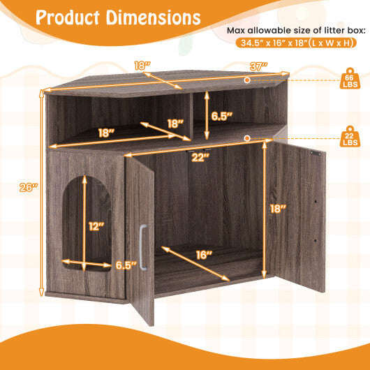 Corner Cat Litter Box Enclosure with Storage Shelves and Double Doors-Gray