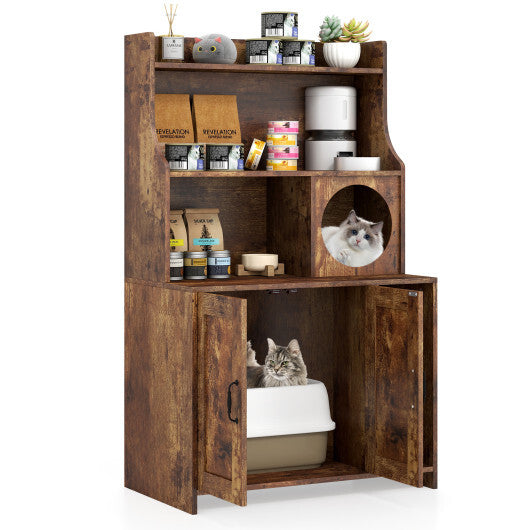 Modern Wooden Industrial Cat Litter Box Enclosure with Storage Shelves-Brown