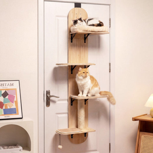 Door Hanging Cat Climber 4-level Height Adjustable with Plush Bed-Beige W2B