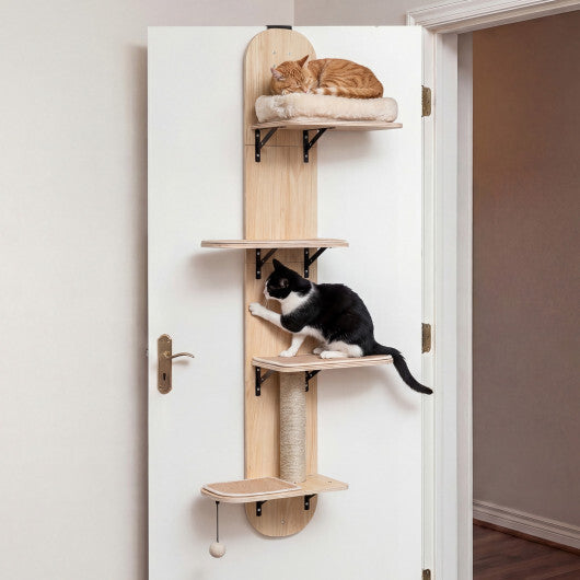 Door Hanging Cat Climber 4-level Height Adjustable with Plush Bed-Beige W2B