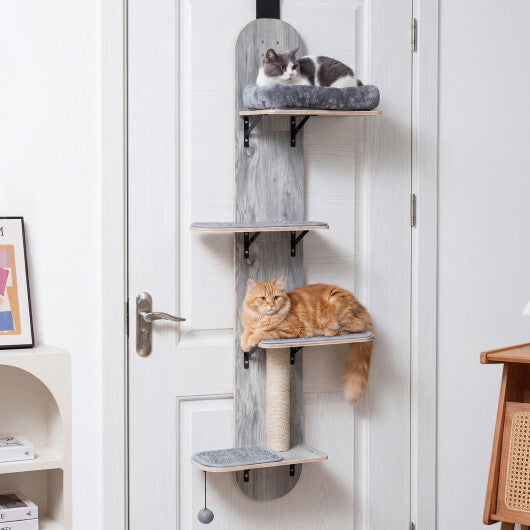 Door Hanging Cat Climber 4-level Height Adjustable with Plush Bed-Beige W2B