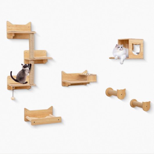 6 Pieces Cat Wall Furniture Set Kitten Wall Mounted Shelves-Natural W2B