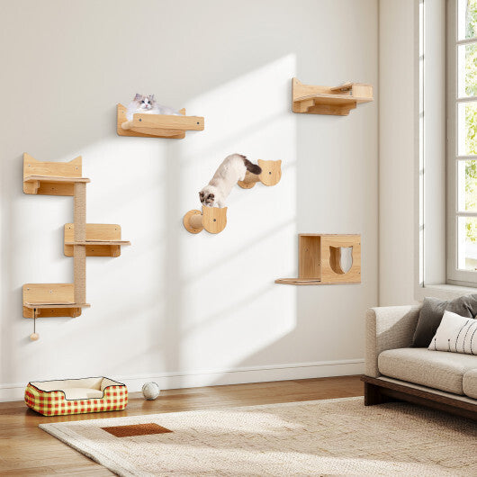 6 Pieces Cat Wall Furniture Set Kitten Wall Mounted Shelves-Natural W2B