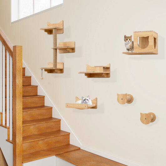 6 Pieces Cat Wall Furniture Set Kitten Wall Mounted Shelves-Natural W2B