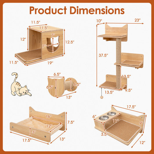 6 Pieces Cat Wall Furniture Set Kitten Wall Mounted Shelves-Natural W2B