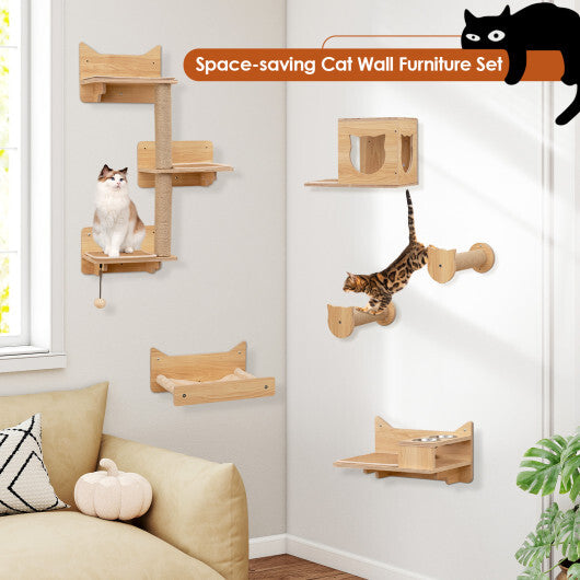 6 Pieces Cat Wall Furniture Set Kitten Wall Mounted Shelves-Natural W2B