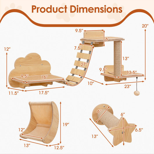 Cat Wall Furniture Set Kitten Wall Mounted Shelves with Hammock-Natural W2B