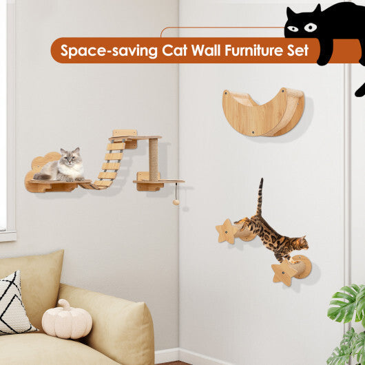 Cat Wall Furniture Set Kitten Wall Mounted Shelves with Hammock-Natural W2B