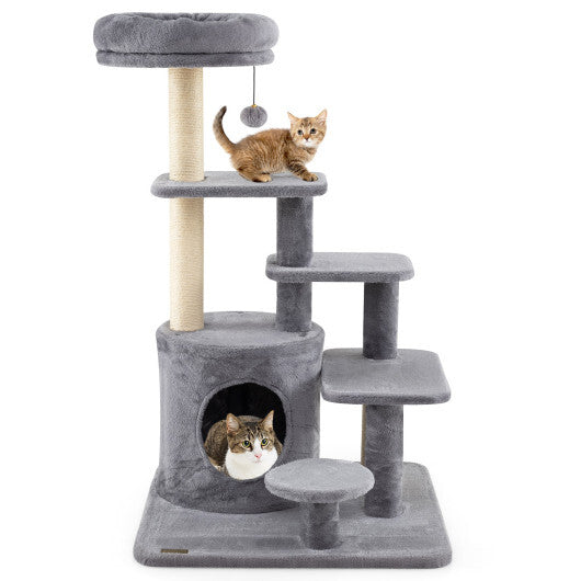 40 Inch Multi-level Cat Tower with Condo and Dangling Jingle Ball-Gray W2B