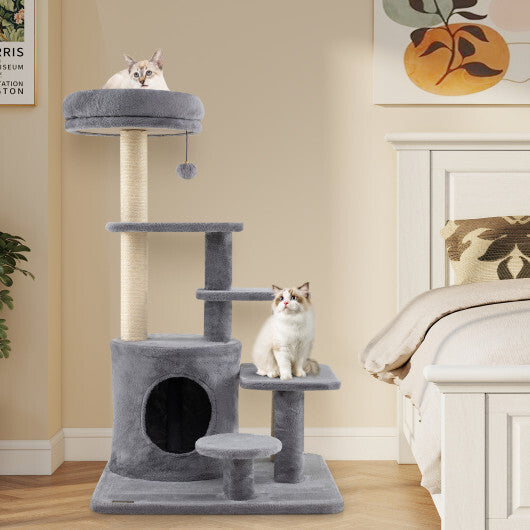 40 Inch Multi-level Cat Tower with Condo and Dangling Jingle Ball-Gray W2B