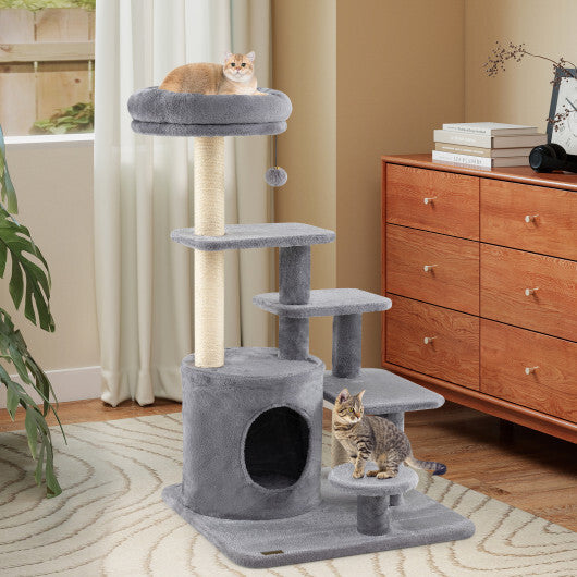 40 Inch Multi-level Cat Tower with Condo and Dangling Jingle Ball-Gray W2B