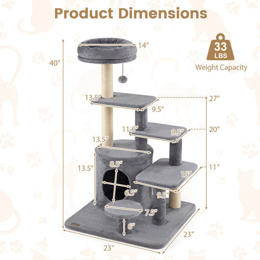 40 Inch Multi-level Cat Tower with Condo and Dangling Jingle Ball-Gray W2B