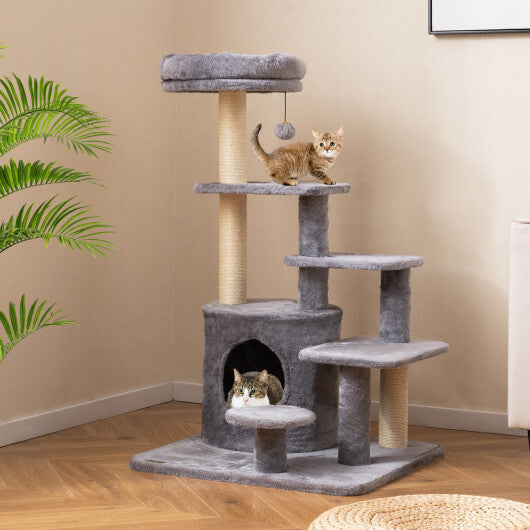 40 Inch Multi-level Cat Tower with Condo and Dangling Jingle Ball-Gray W2B
