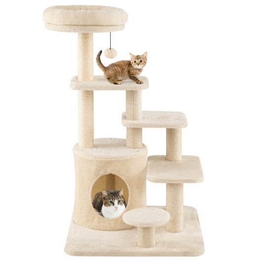 40 Inch Multi-level Cat Tower with Condo and Dangling Jingle Ball-Gray W2B