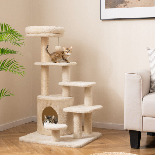 40 Inch Multi-level Cat Tower with Condo and Dangling Jingle Ball-Gray W2B