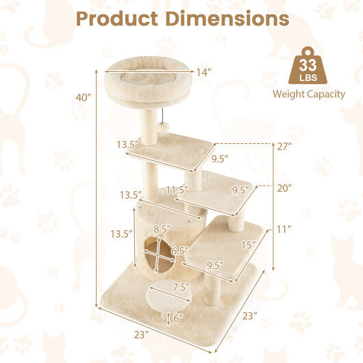 40 Inch Multi-level Cat Tower with Condo and Dangling Jingle Ball-Gray W2B