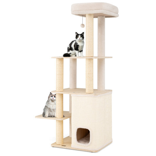 63 Inch Tall Wooden Cat Tree with 2-Story Condo and Plush Padded Top Perch-Natural