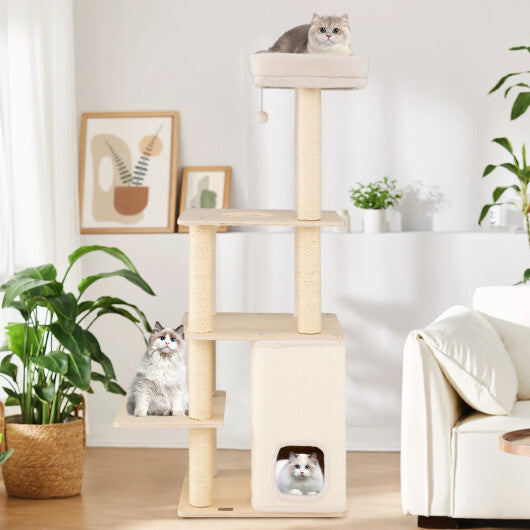 63 Inch Tall Wooden Cat Tree with 2-Story Condo and Plush Padded Top Perch-Natural