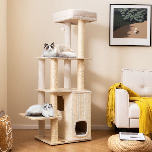 63 Inch Tall Wooden Cat Tree with 2-Story Condo and Plush Padded Top Perch-Natural