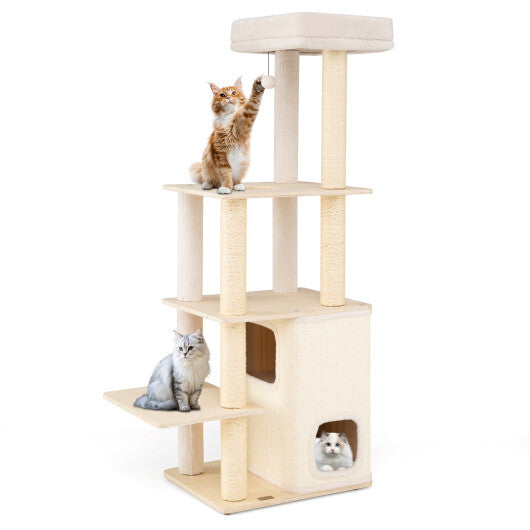 63 Inch Tall Wooden Cat Tree with 2-Story Condo and Plush Padded Top Perch-Natural